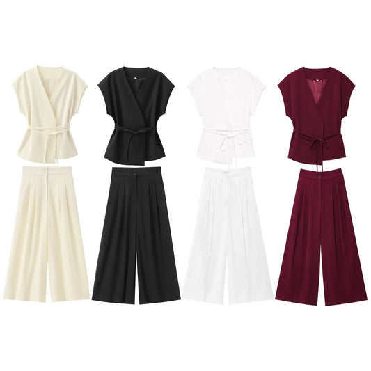 Women's new fashion with Belt casual linen blend V-neck vest+Pants Women's suit