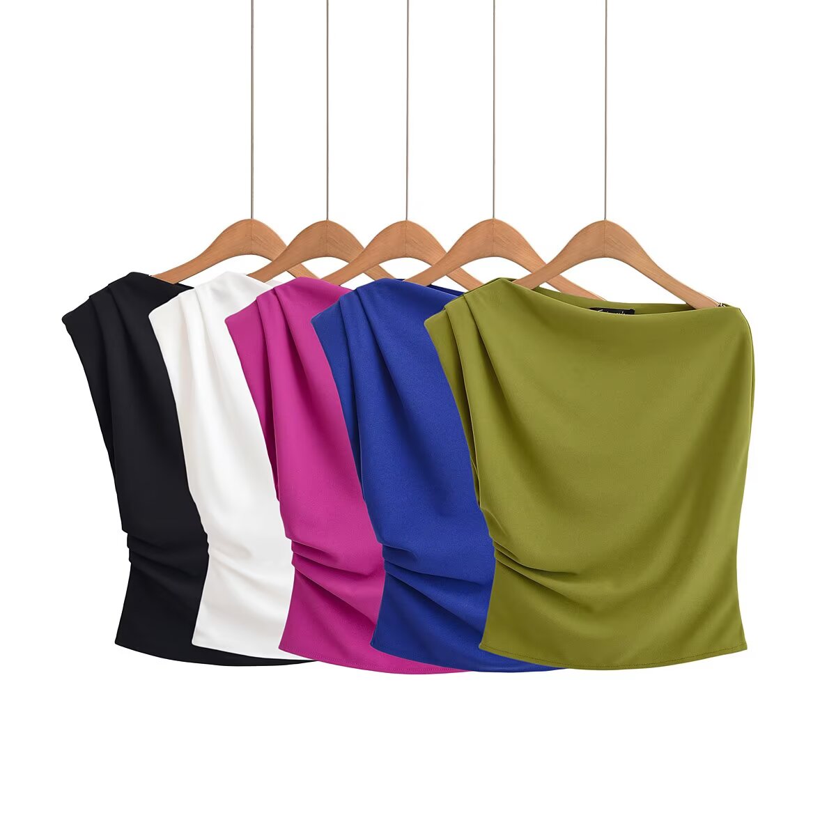 Women's new fashion multi-color knitted sloping shoulder collar pleated top