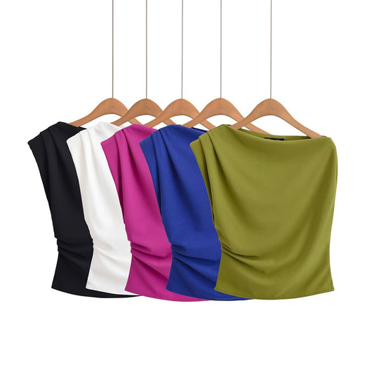 Women's new fashion multi-color knitted sloping shoulder collar pleated top