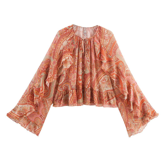 Women's new fashion printed trumpet sleeves ruffle edge top