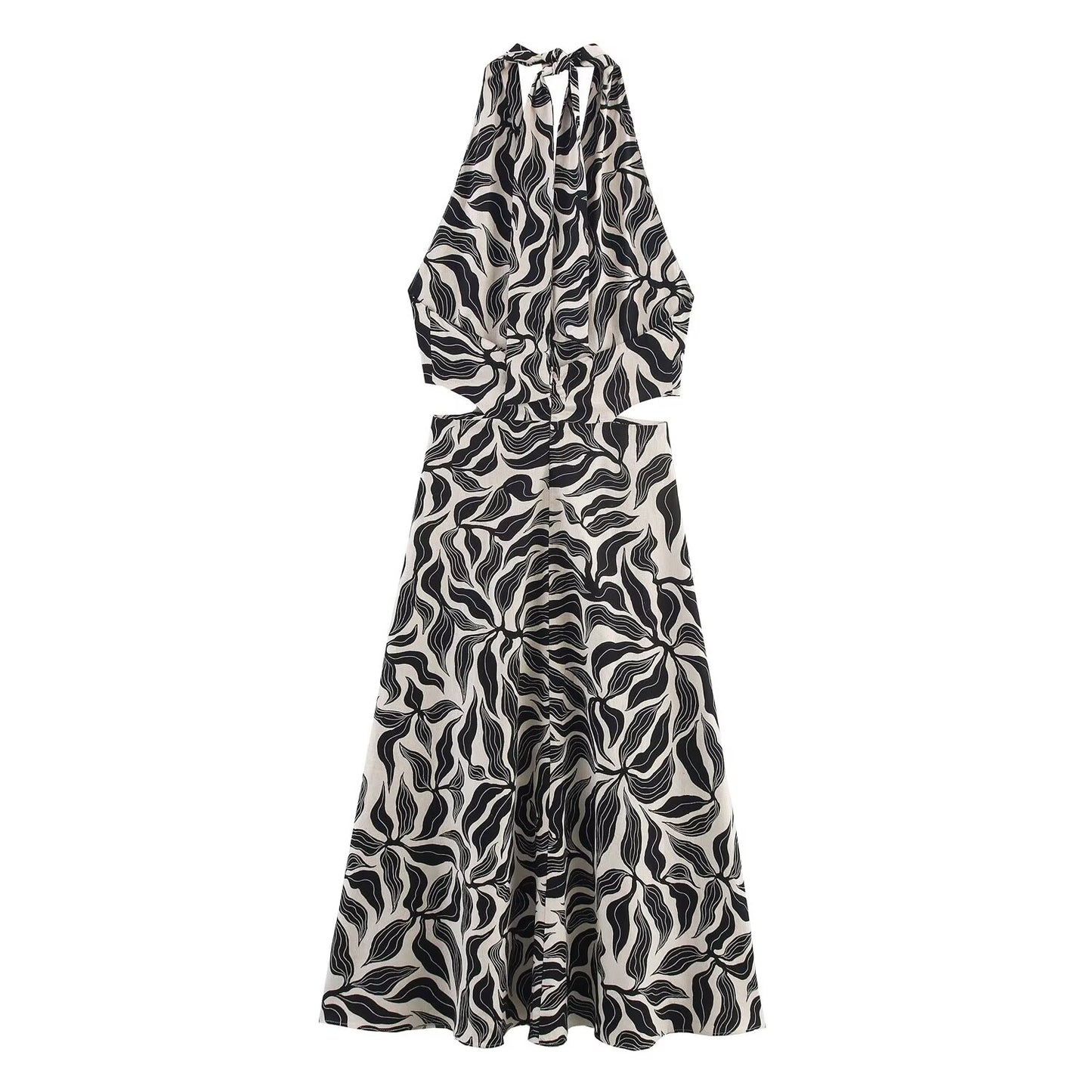 Women's 2025 New Fashion Linen Blended Printed Hanging Neck Midi Dress