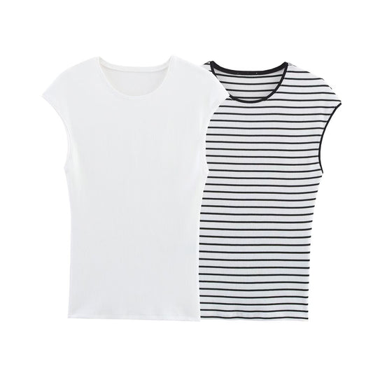 Women's new fashion elastic slim ribbed T-shirt retro sleeveless women's T-shirt chic top