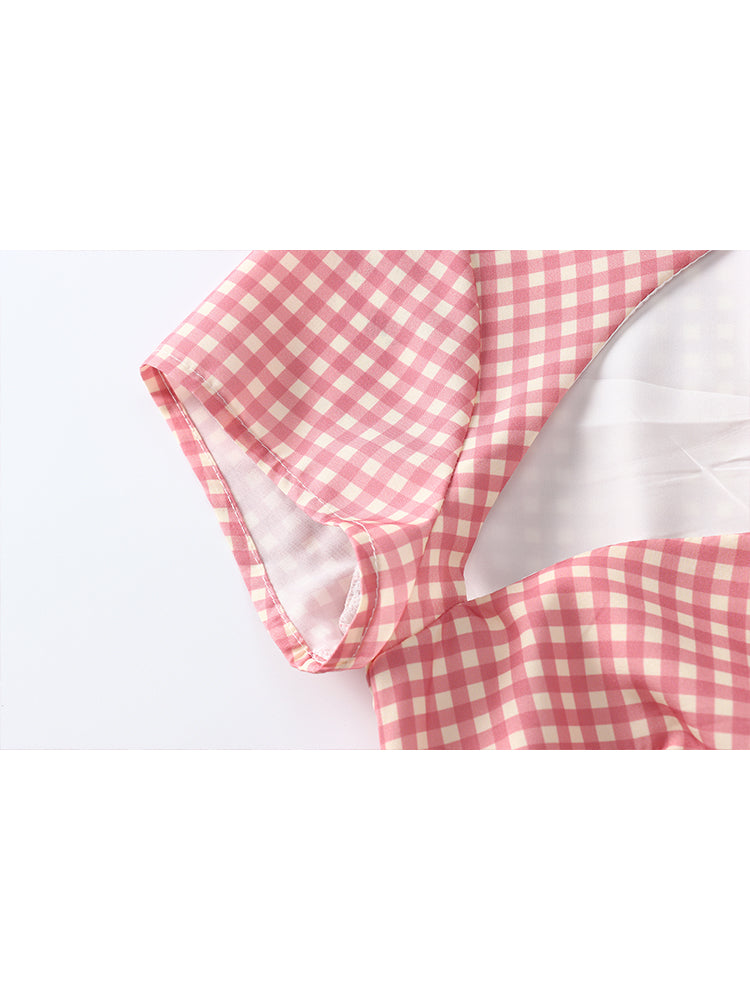 Women's New Fashion bow Lace up decoration slim plaid mini dress