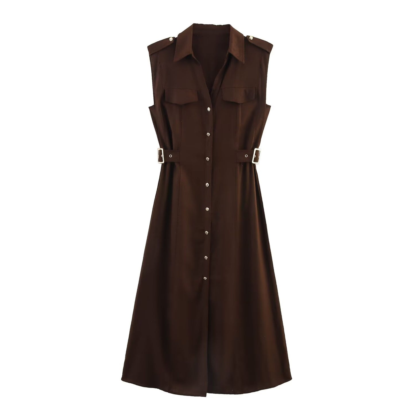 Women's new chic fashion flip decoration casual single breasted linen blended MIDI dress retro sleeveless women's dress