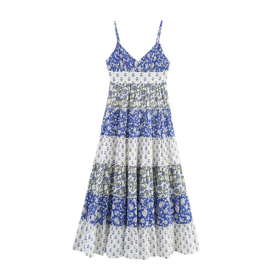 Women's new fashion sleeveless patchwork printed suspender MIDI dress