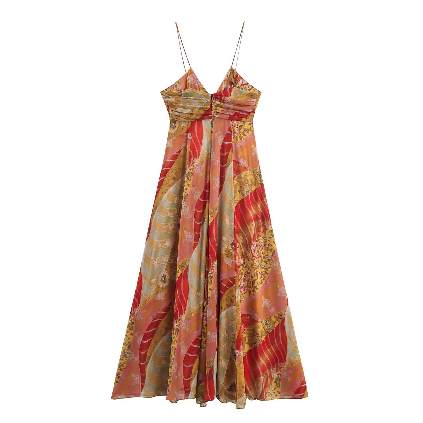 Women's New Fashion Printed Draped Chiffon suspender Midi Dress