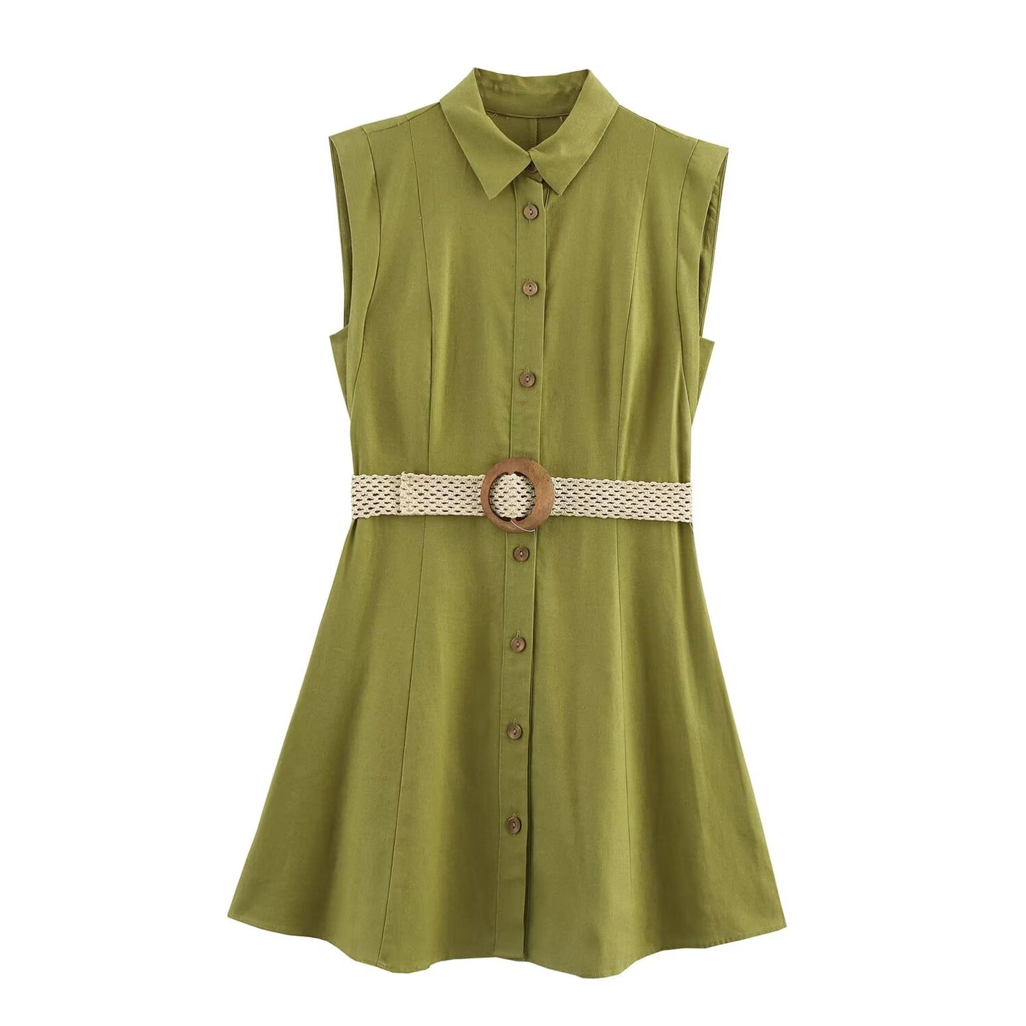 Women's new chic fashion With Belt slim single breasted linen blend shirt style mini dress retro sleeveless women's dress