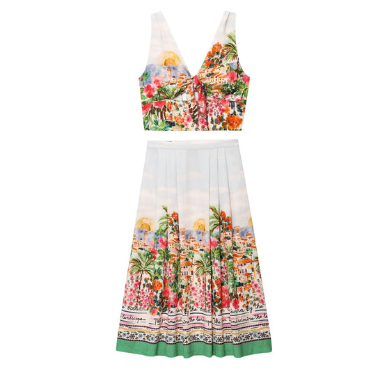 Women's new fashion knot decoration short print V-neck top+Skirts suit