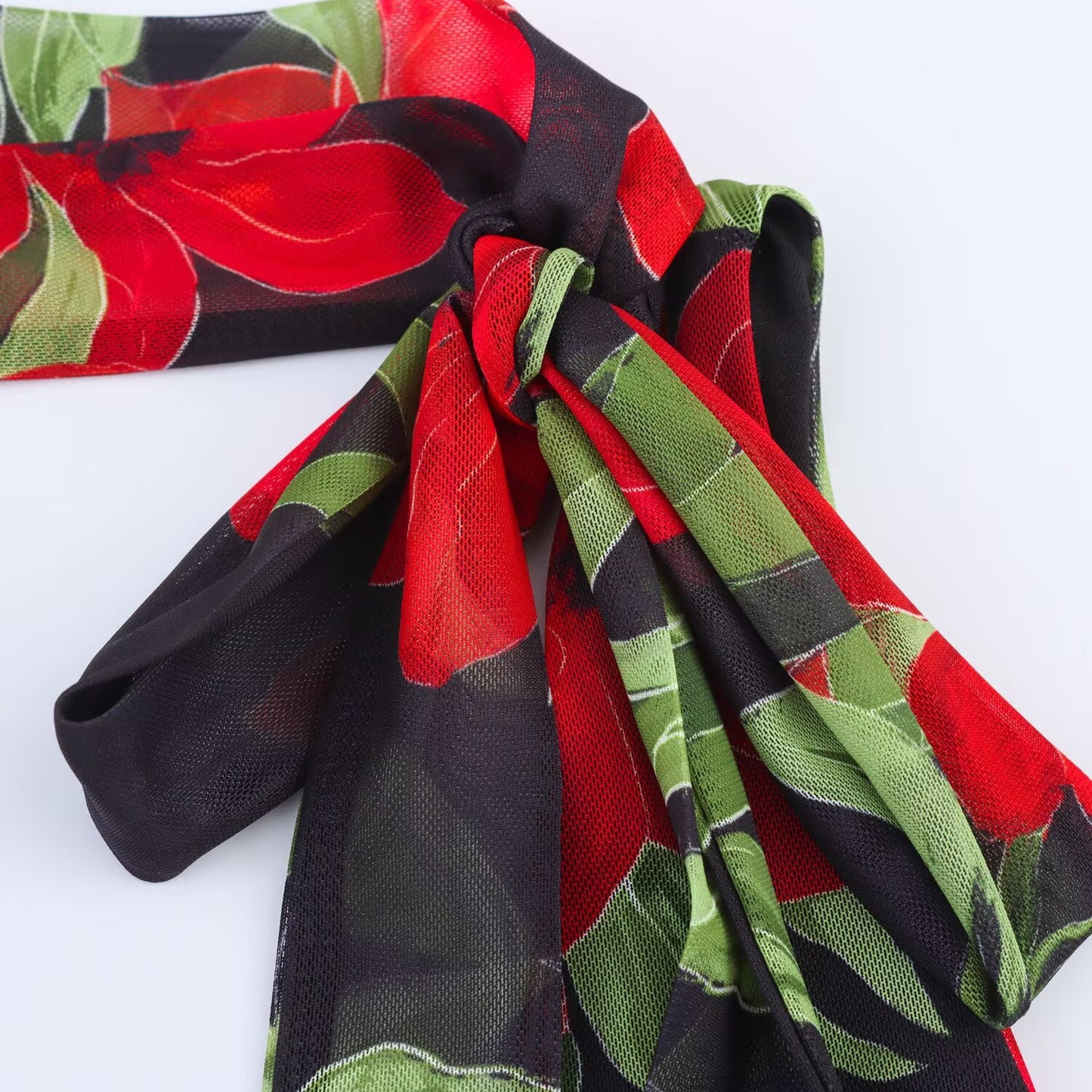 Women's 2025 New Fashion Printed Tulle Hanging Neck Collar Midi Dress