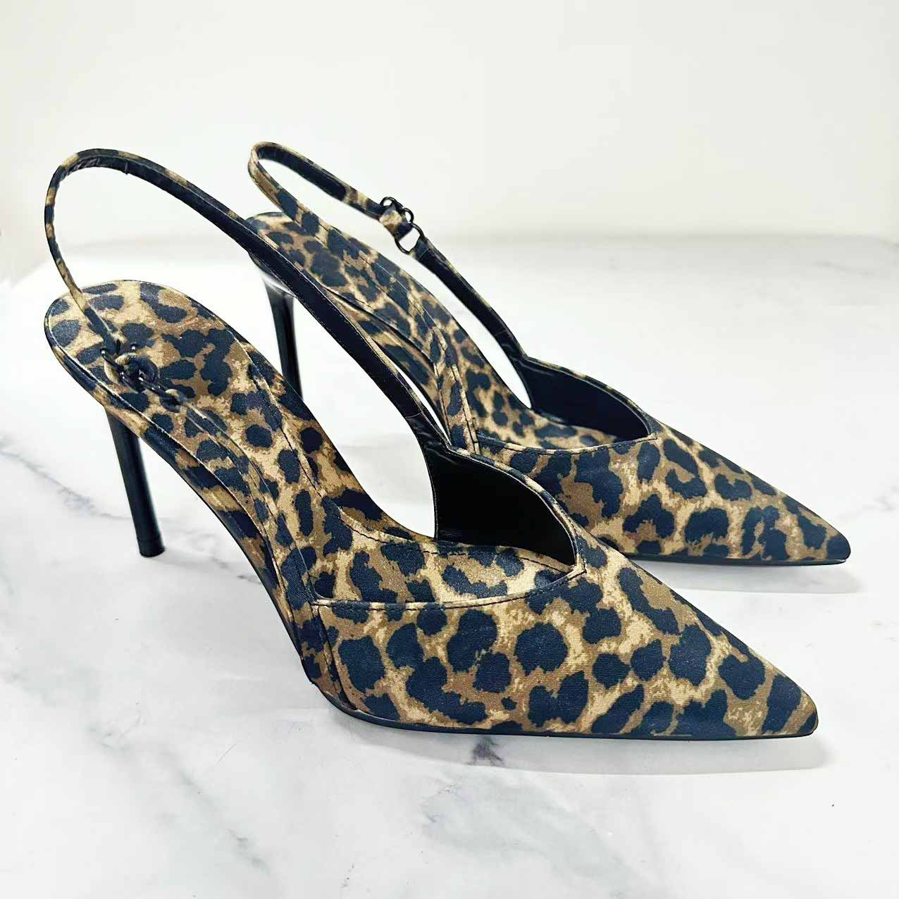 Women's New Fashion Joker Pointed Stiletto Heels Female Leopard Print Empty Strap Sandals.