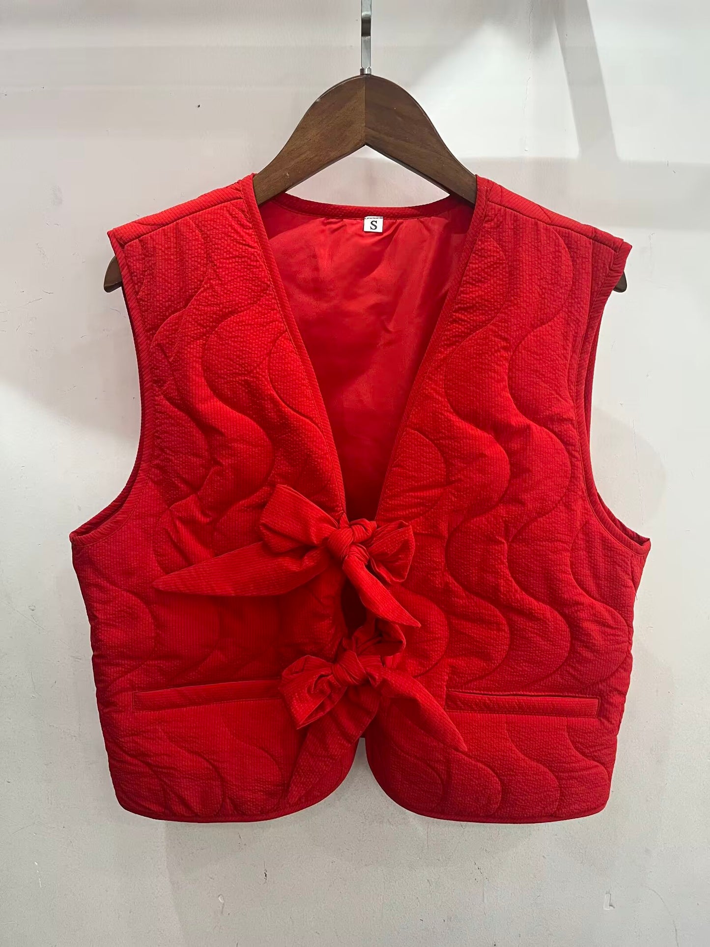 Ladies' 2025 New Fashion Bow Decoration Loose V-neck Warm Cotton Vest