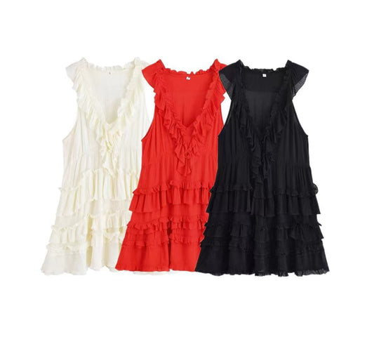 Women's new fashion layered decoration sleeveless V-neck mini dress
