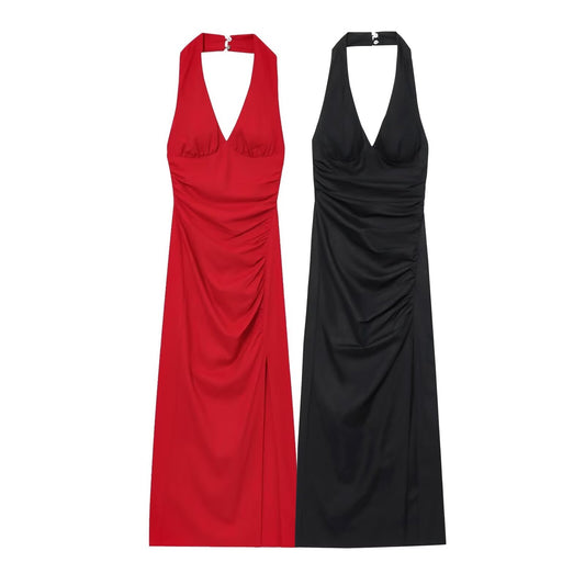 Women's new fashion pleated decoration tight corset style hanging neck MIDI dress