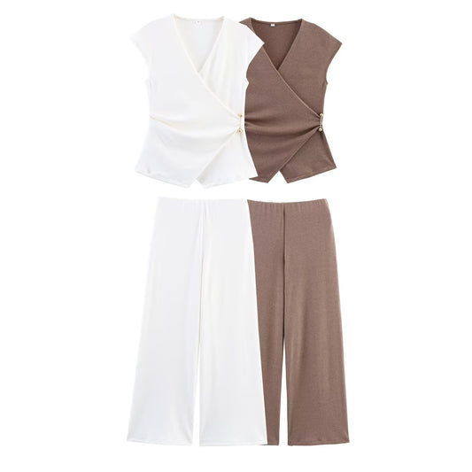 Women's new fashion slim pleated V-neck top+Pants suit