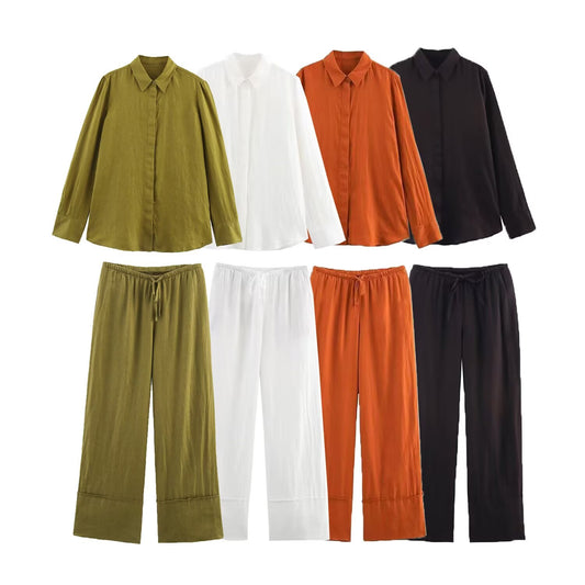 Women's new fashion loose single breasted casual linen blend shirt retro long sleeved women's shirt chic top+Pants Women's suit