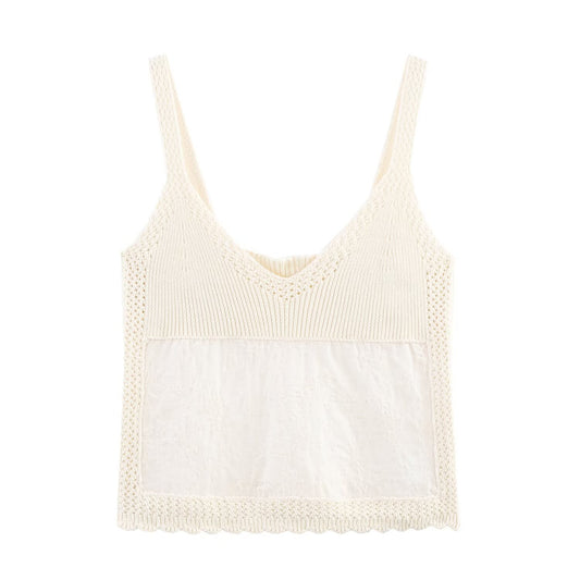 Women's New Fashion Embroidered Splicing Wide Shoulder Strap Knitted Top