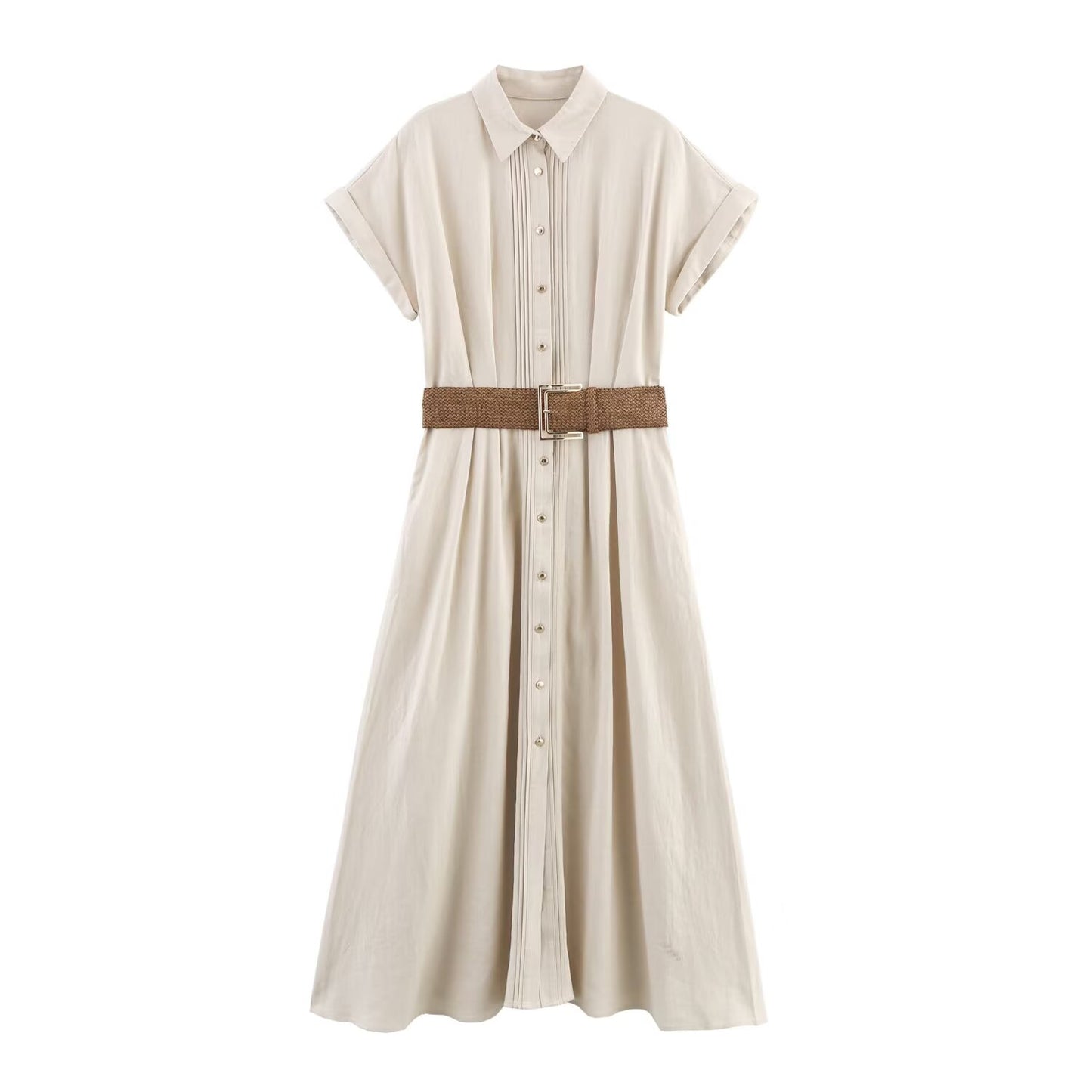Women's' New Fashion With Belt Short sleeved Single breasted Linen Blended Midi Dress