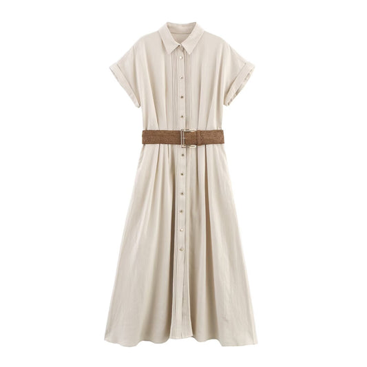 Women's' New Fashion With Belt Short sleeved Single breasted Linen Blended Midi Dress