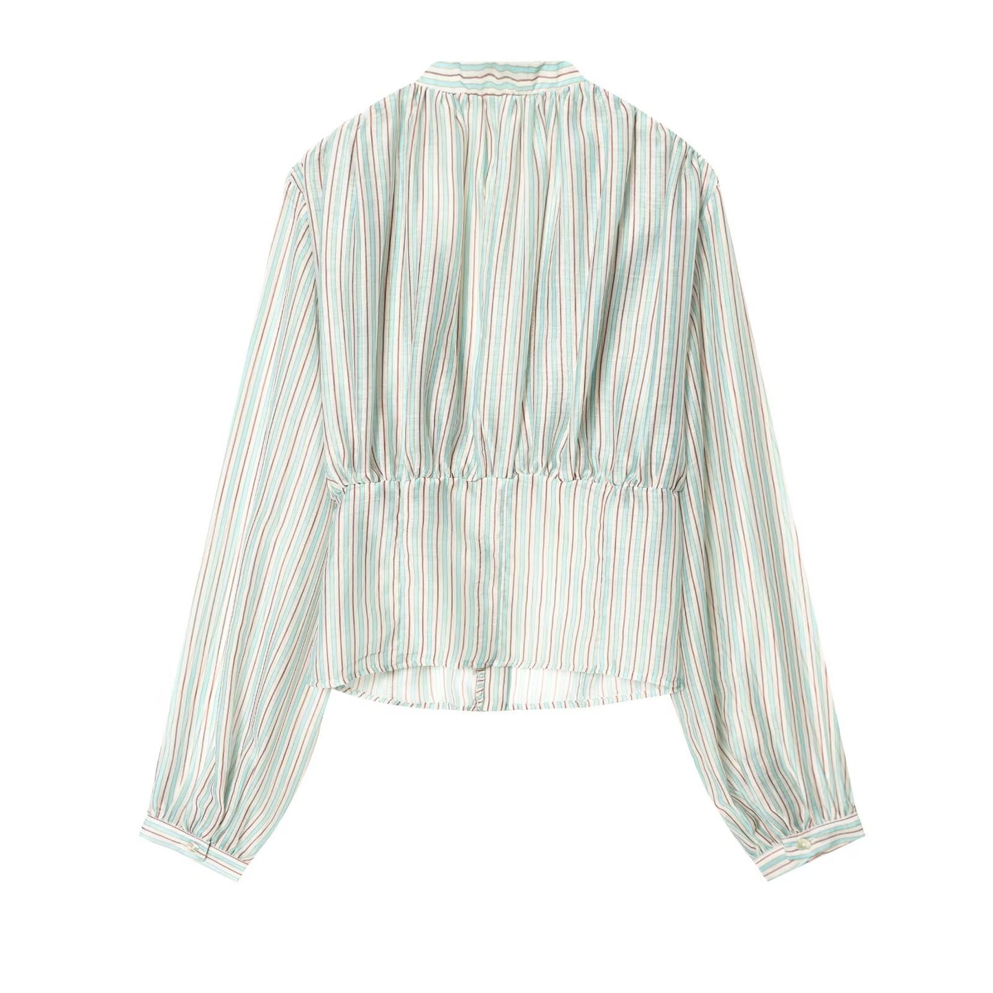 Women's V-neck striped waist cinched shirt