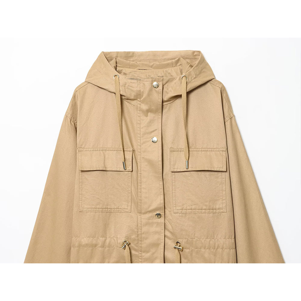 Women's 2025 new fashion multi pocket loose hooded Coat