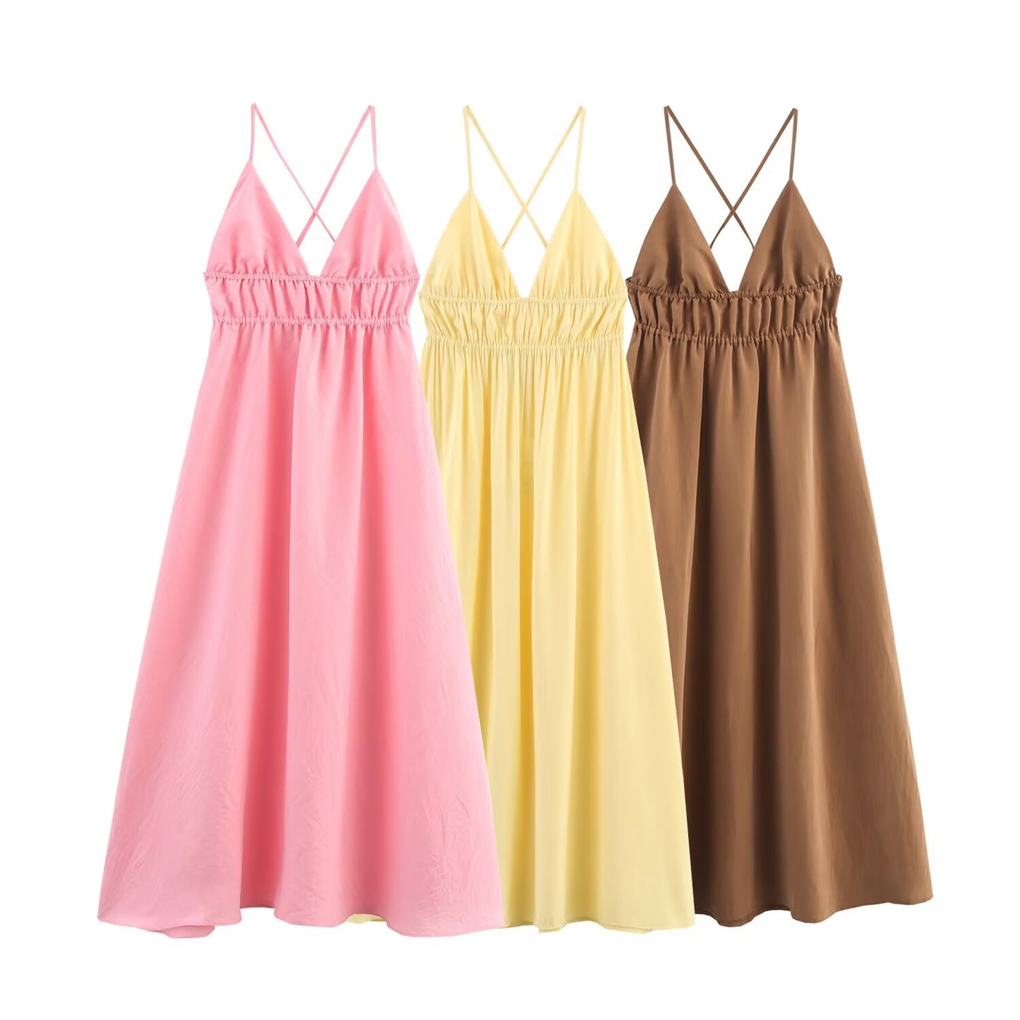 Women's' new fashion backless design sleeveless draped suspender MIDI dress