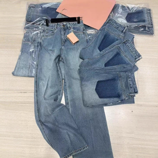 Women's new Joker fake pocket fashion old washed blue jeans Joker high waist loose straight pants.