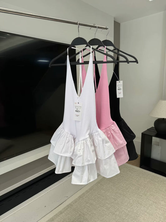 Women's 2025 chic fashion stitching neck short dress retro sleeveless women's dress 