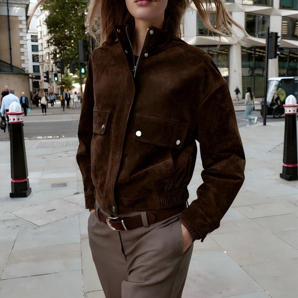 Women's new fashion Anti suede effect short standing collar flying jacket Coat