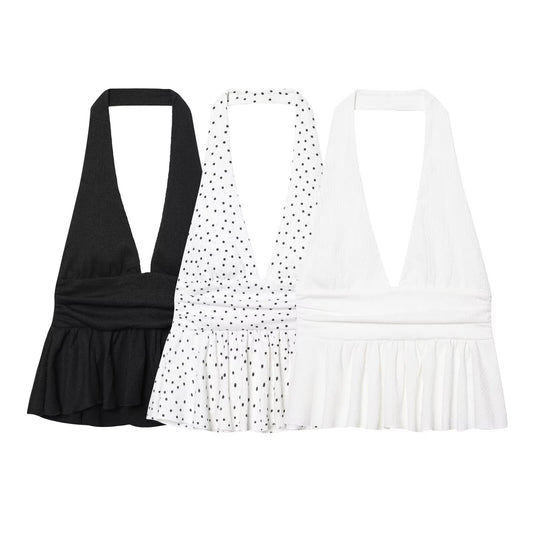 Women's new fashion layered decoration polka dot print hanging neck collar top