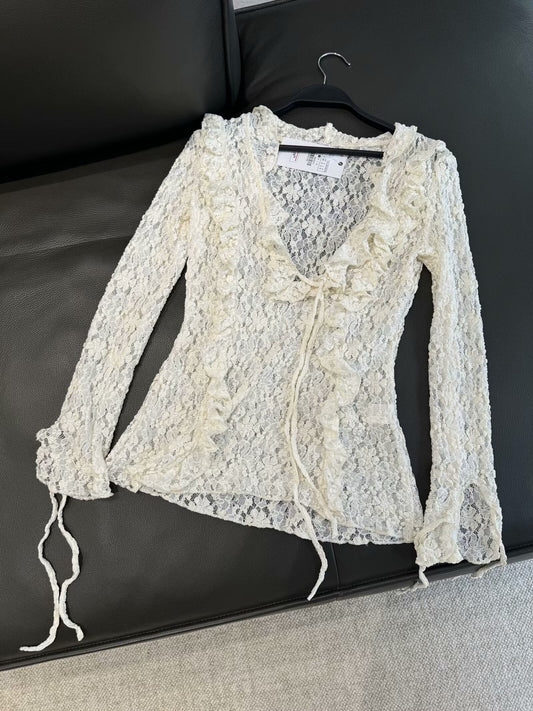 Women's 2025 fashion laminated decorative translucent shirt retro long-sleeved blouse chic top 