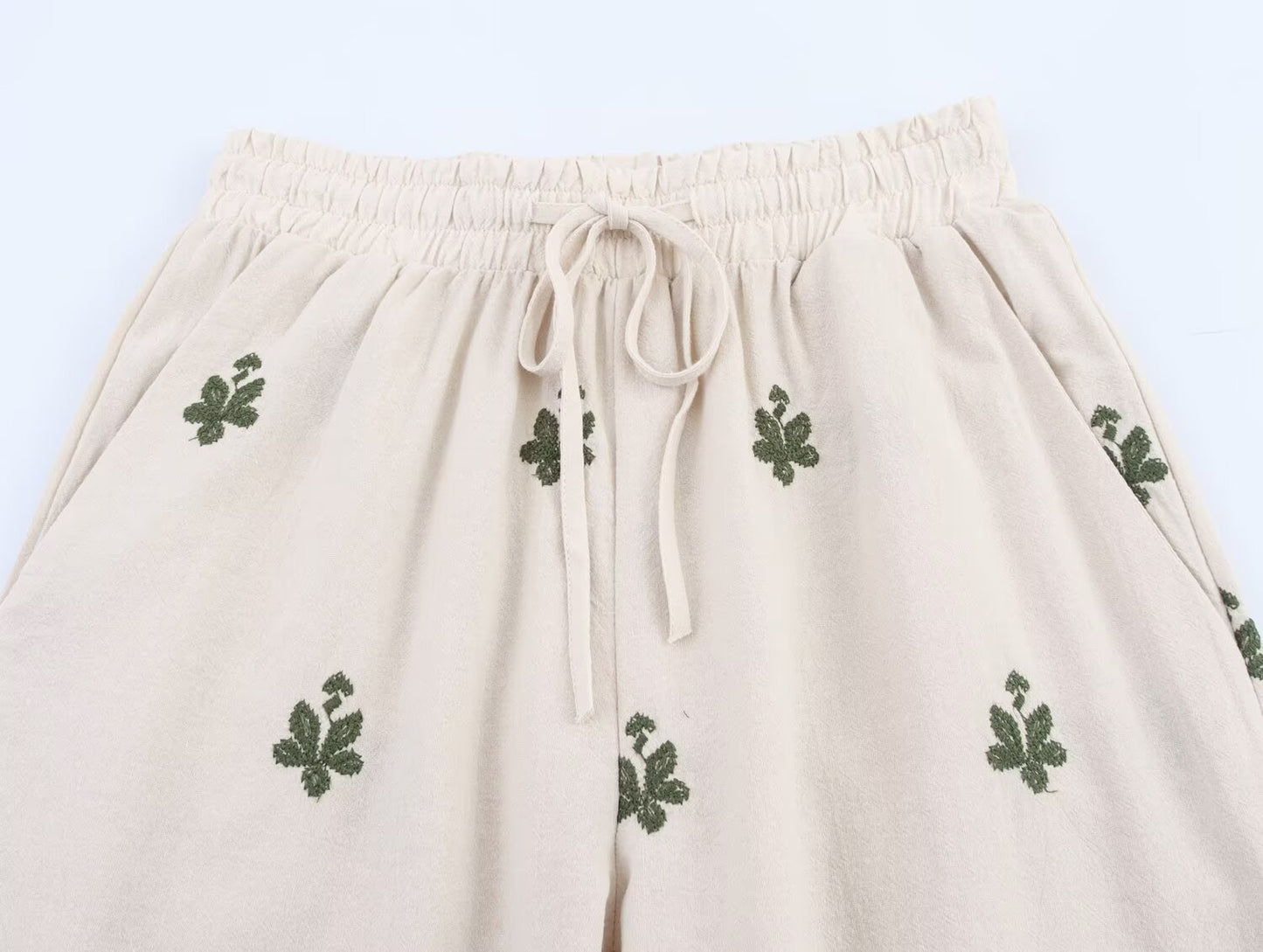 Ladies' New Fashion Drawstring Waist Loose Side Pocket Casual Embroidered Wide Leg Pants