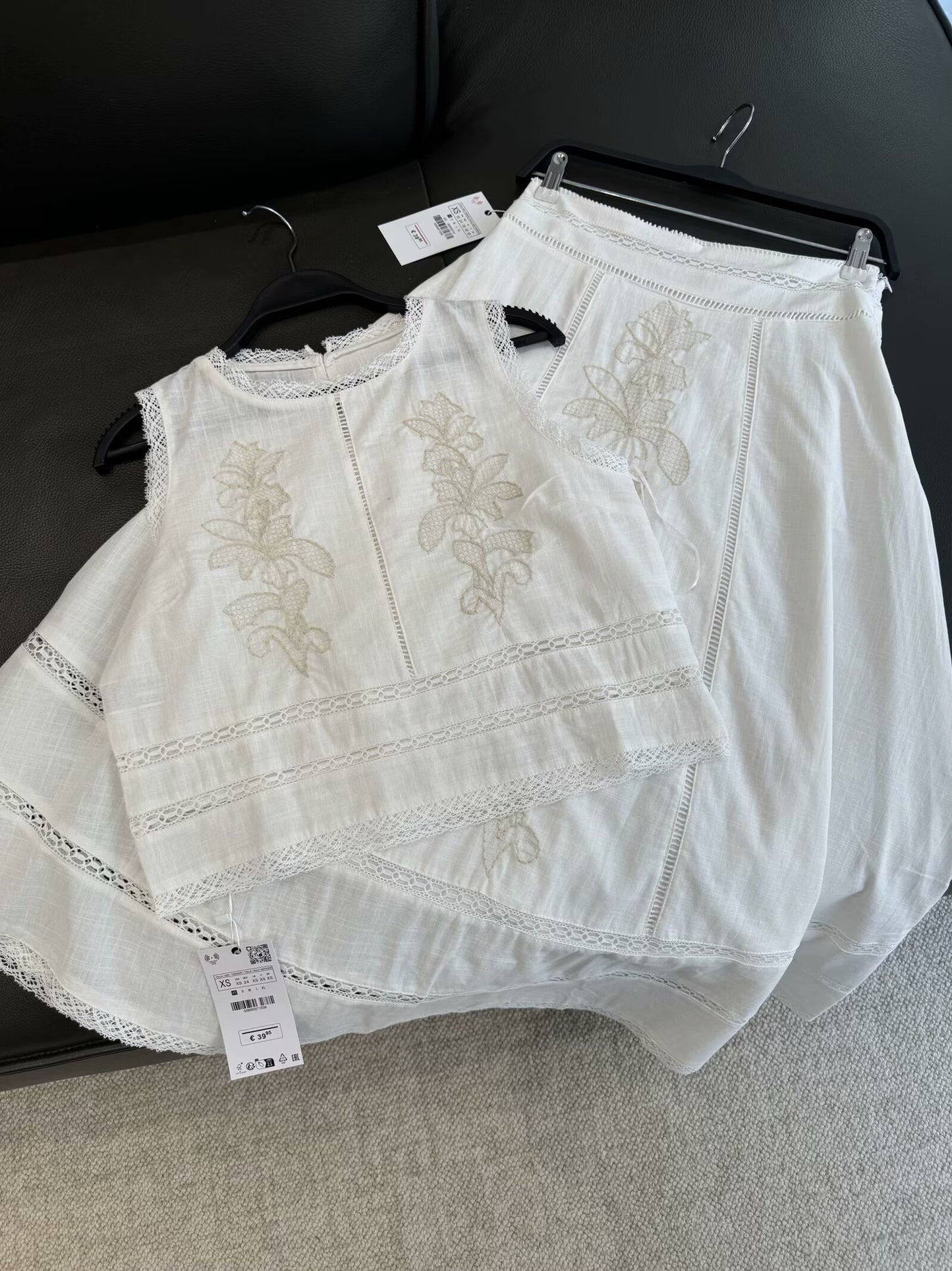 Suit women's 2-piece 2025 fashion embroidered top retro female+midi skirt female suit