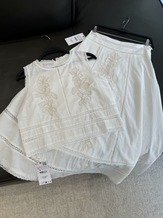 Suit women's 2-piece 2025 fashion embroidered top retro female+midi skirt female suit