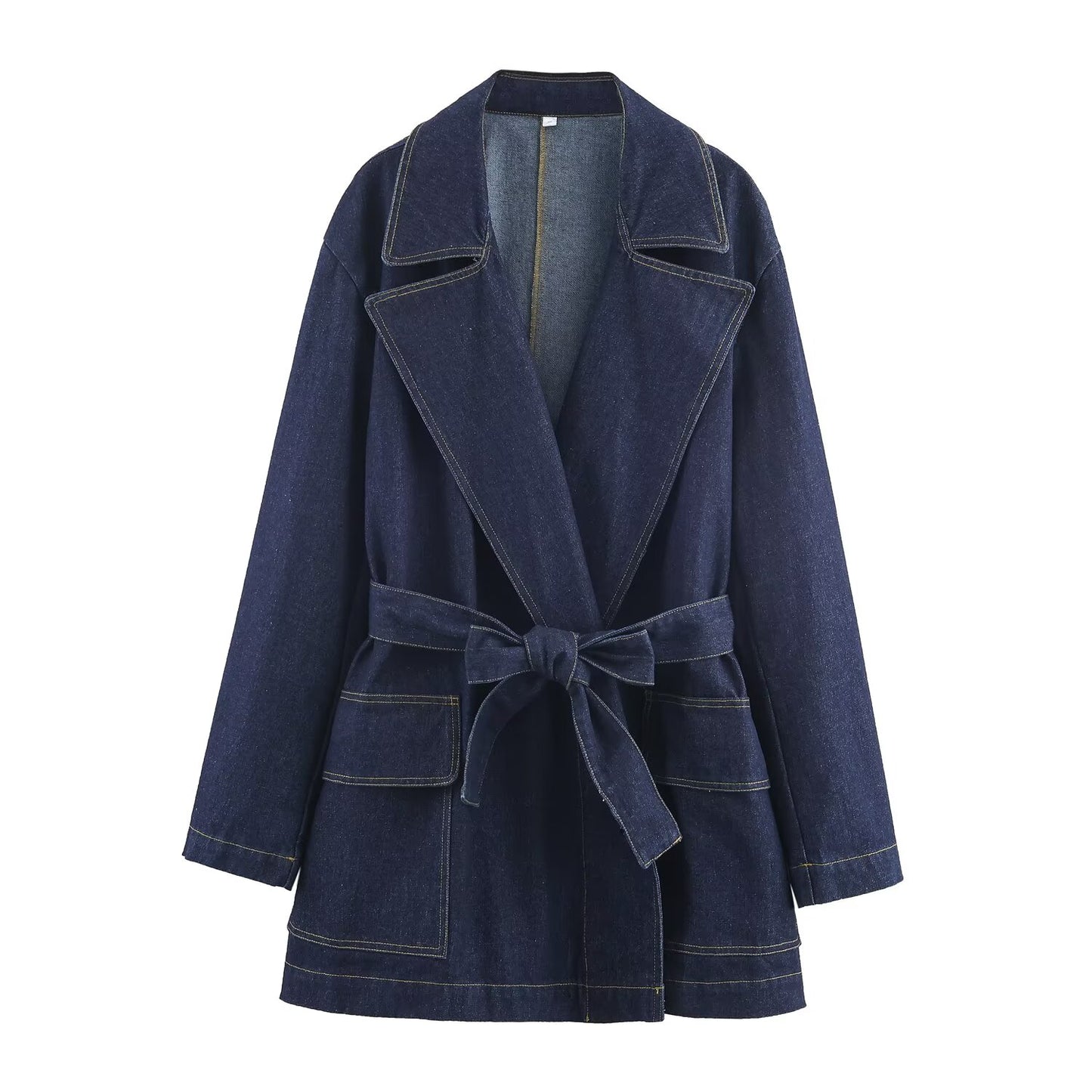 Women's new fashion with Belt loose short denim windbreaker Coat