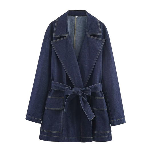 Women's new fashion with Belt loose short denim windbreaker Coat