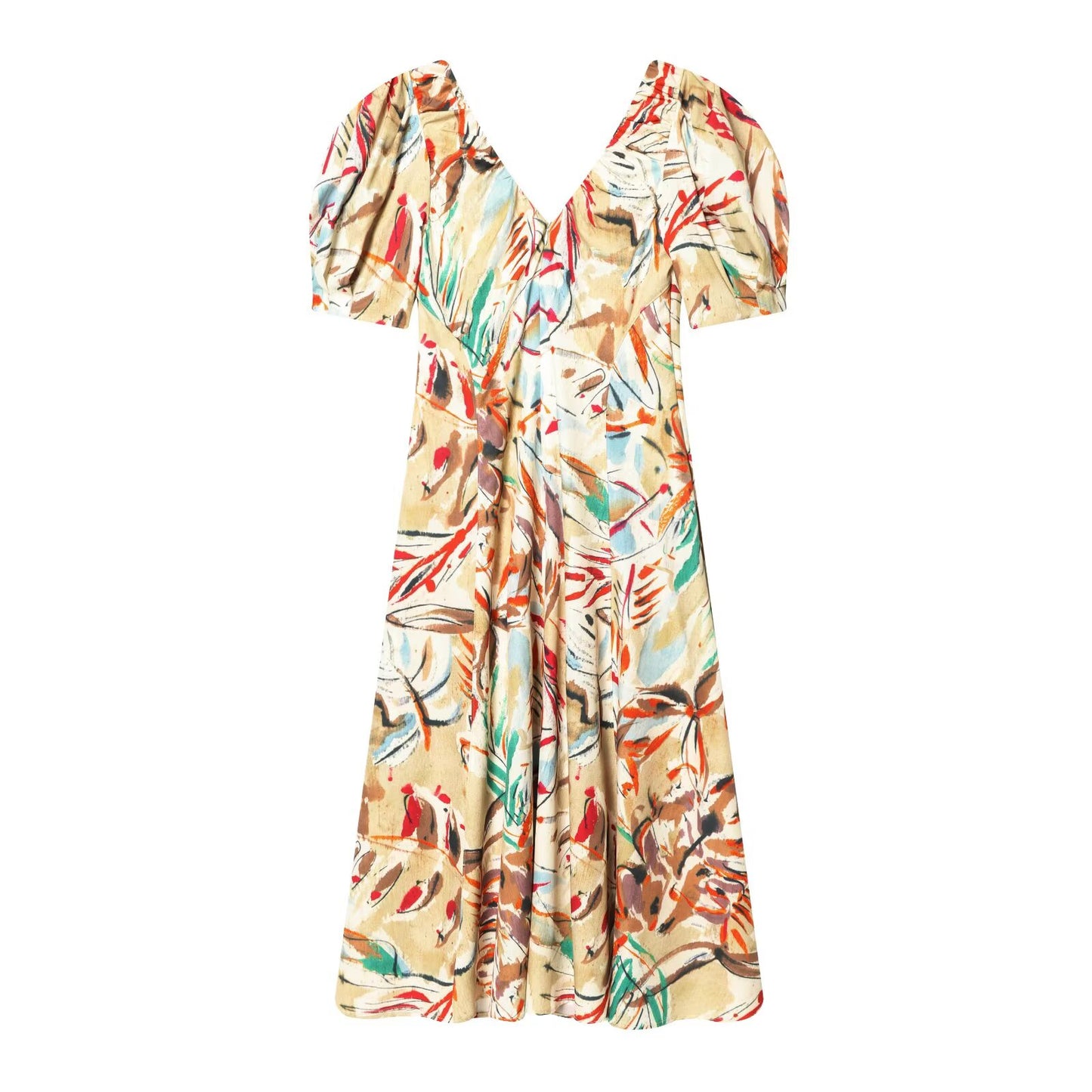 Women's Bubble Sleeve Printed Midi Dress
