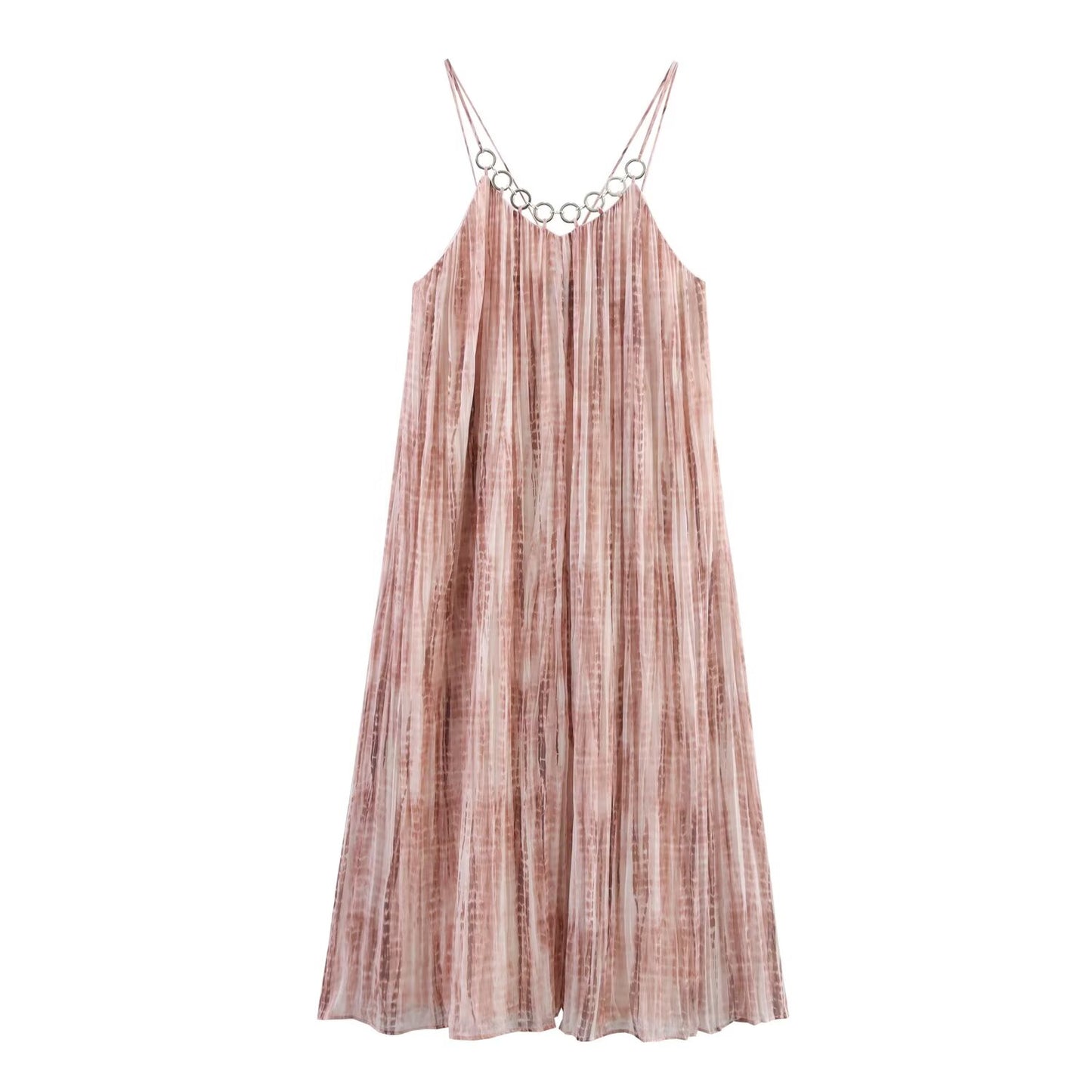 Women's' New Fashion ring decoration wide pleated tie dye suspender MIDI dress