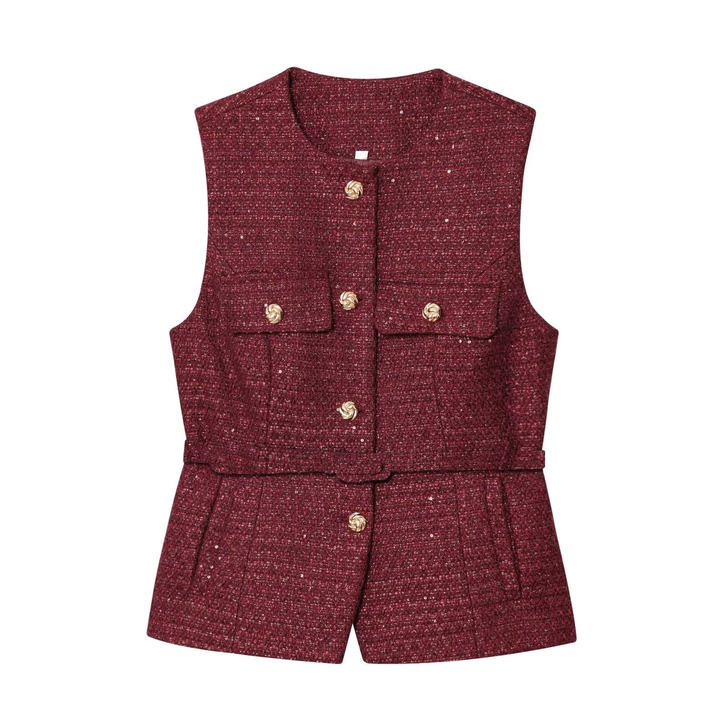 Women's new fashion with Belt bead decoration sleeveless textured vest