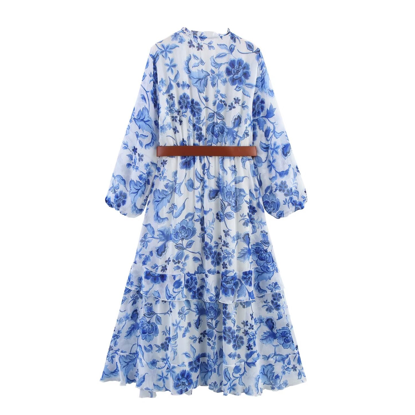 Women's new fashion with Belt casual layered decorative print V-neck MIDI dress retro long sleeved women's dress+Skirts Women's suit