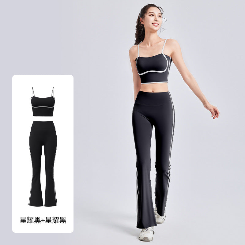 Women's New Linear Sports Suit Shockproof Gathered Vest High Waist Micro Pants High Elastic Yoga Suit