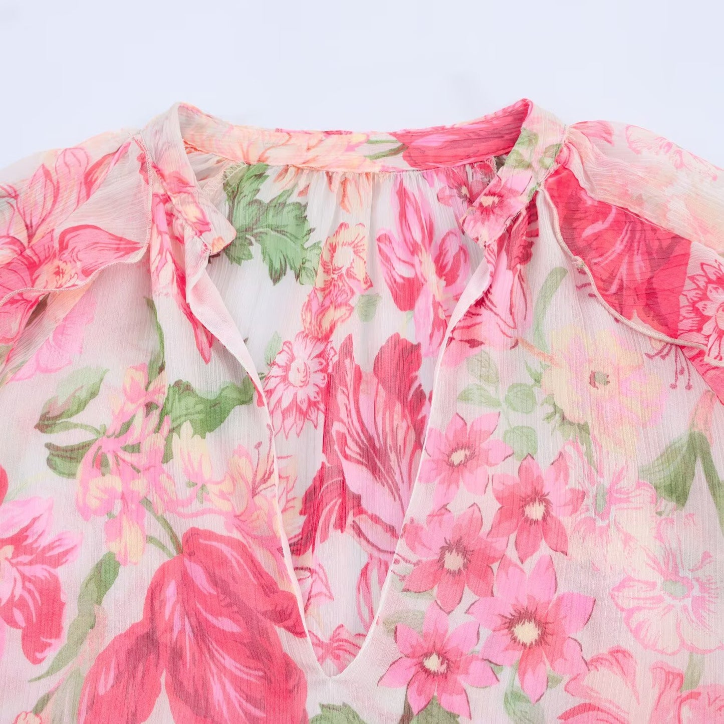 Women's' New Fashion layered decoration long sleeved V-neck floral printed shirt