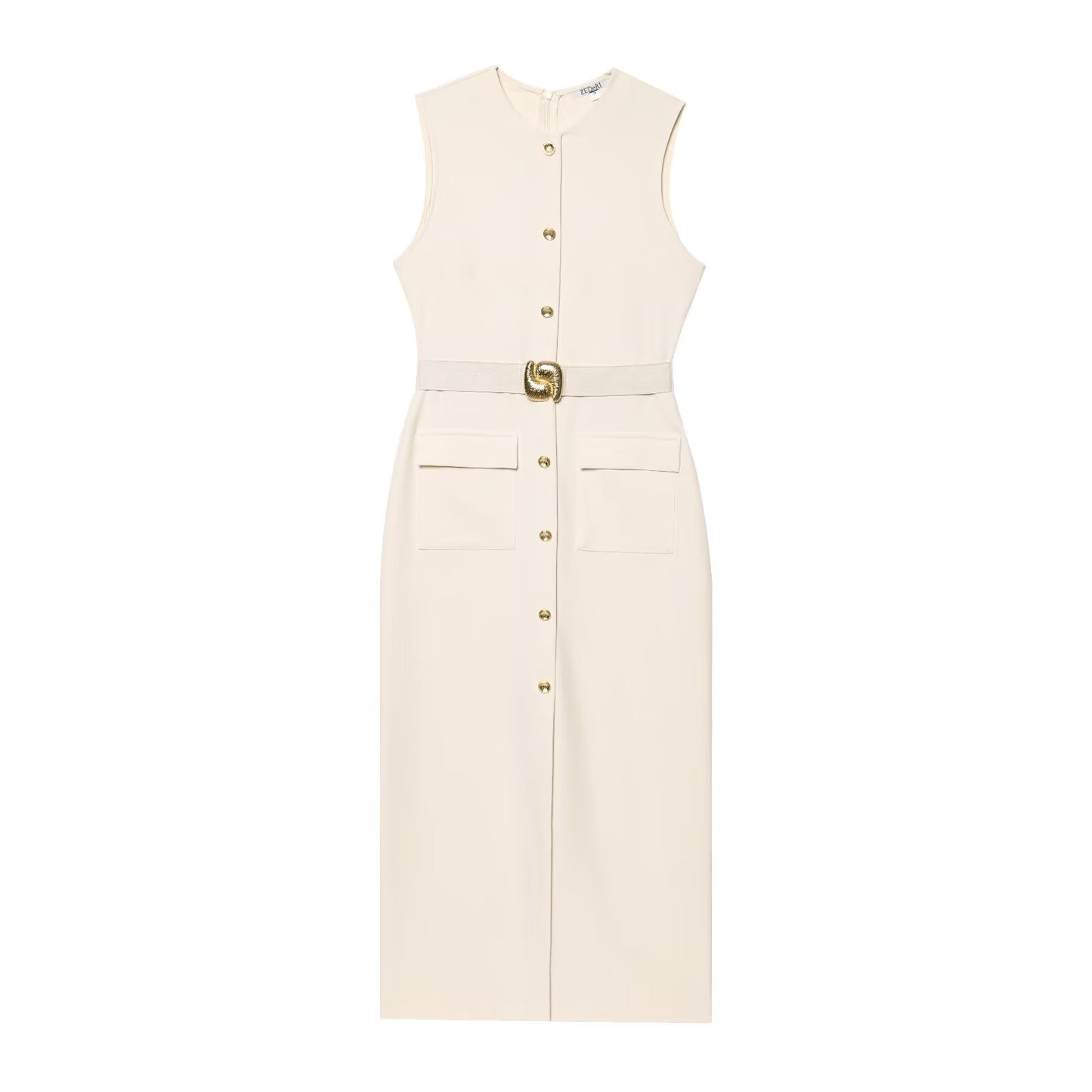 Women's new chic Fashion With belt slim single breasted Midi dress retro sleeveless women's dress