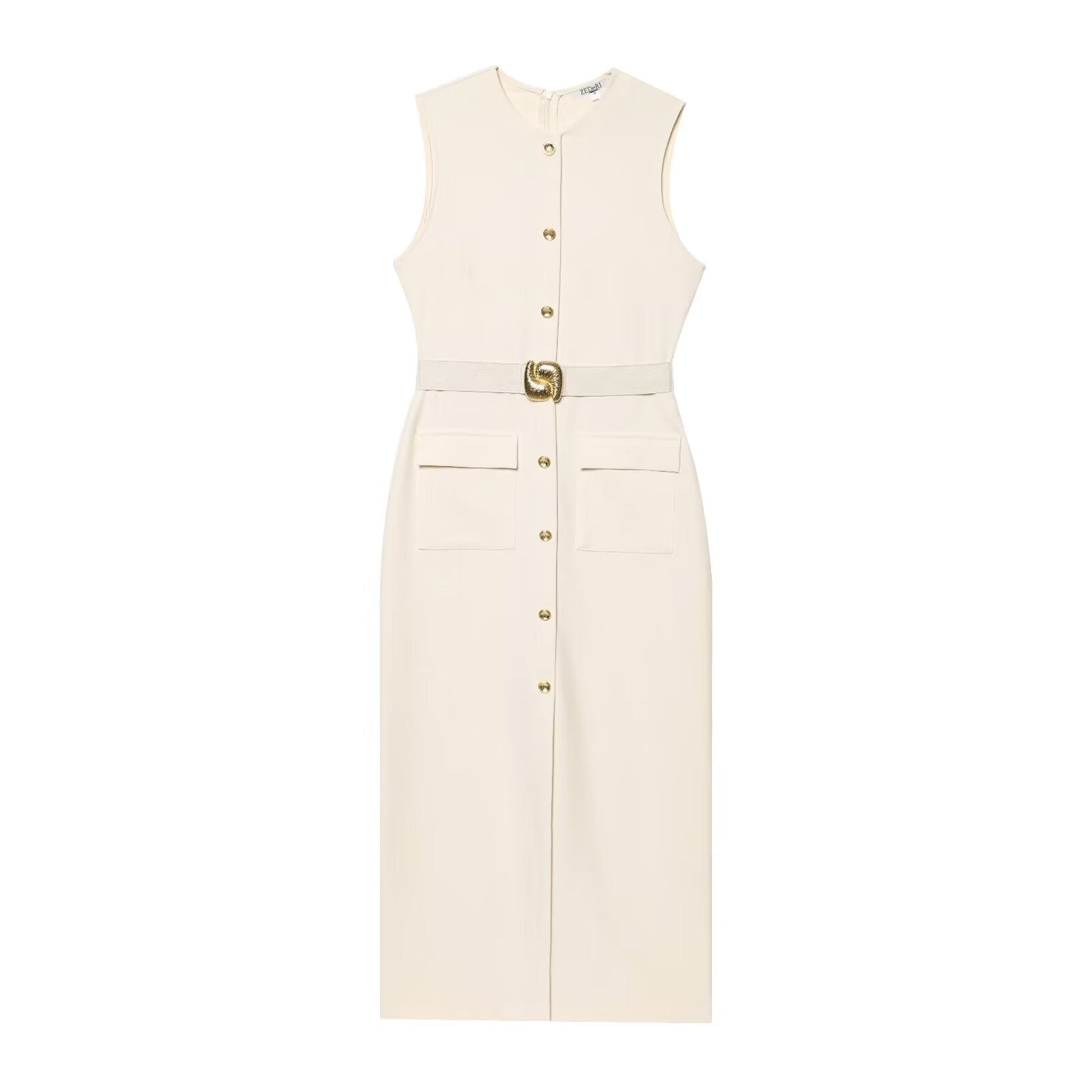 Women's new chic Fashion With belt slim single breasted Midi dress retro sleeveless women's dress