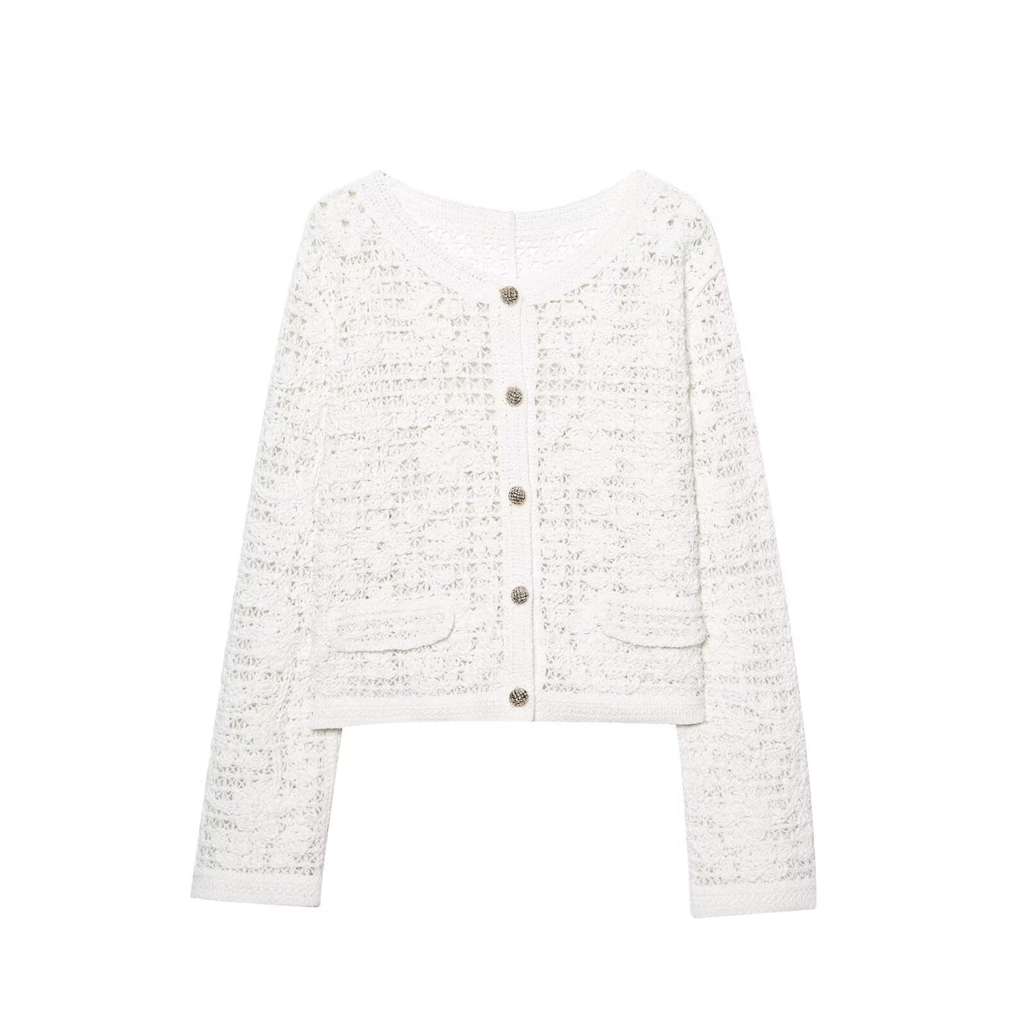 Women's New Fashion breasted decorative long sleeved crocheted knitted top