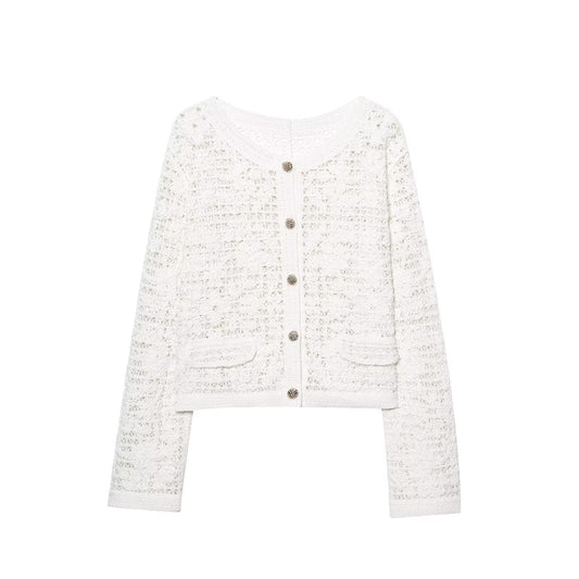 Women's New Fashion breasted decorative long sleeved crocheted knitted top