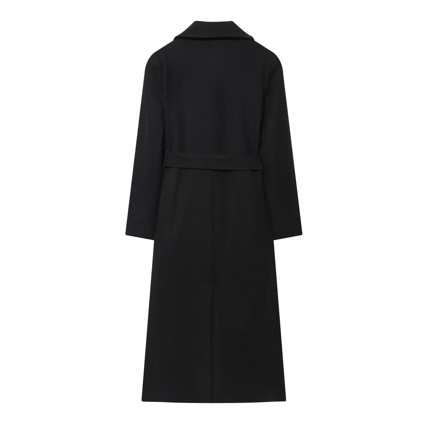 Women's New Fashion With Belt Black Long Style Wool Blended Woolen Coat