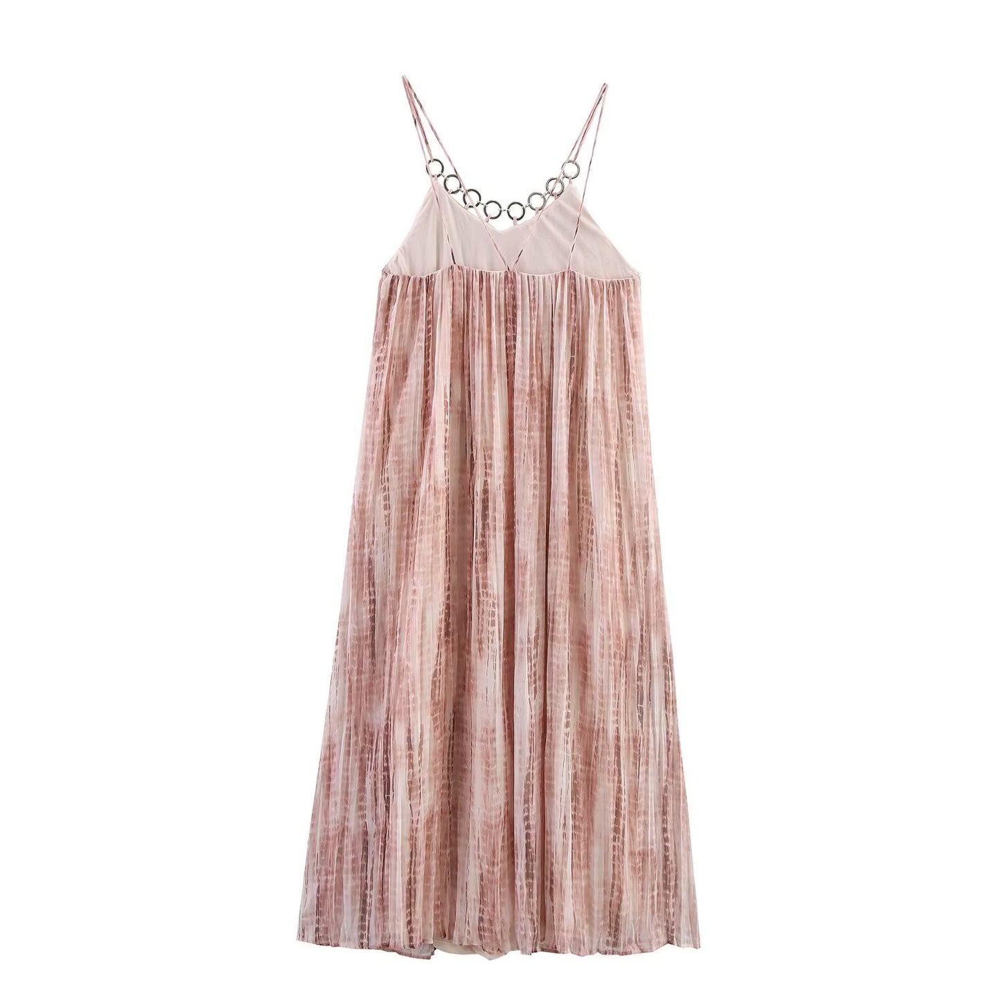 Women's' New Fashion ring decoration wide pleated tie dye suspender MIDI dress