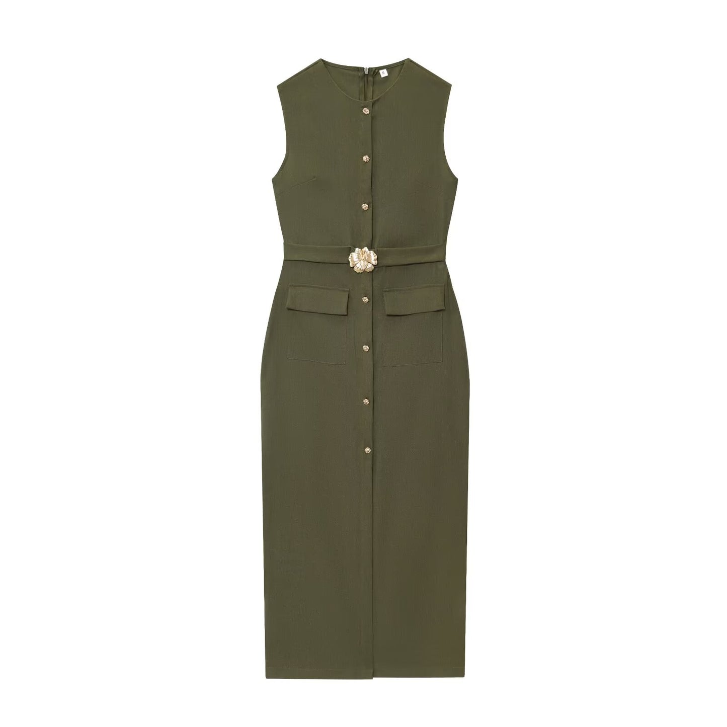 Women's New Fashion With Belt Linen Blended Sleeveless Midi Dress