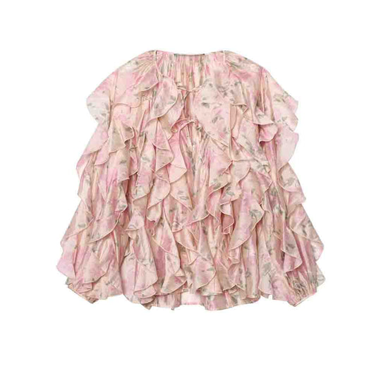 Women's 2025 new fashion lace up design ruffled long sleeved shirt