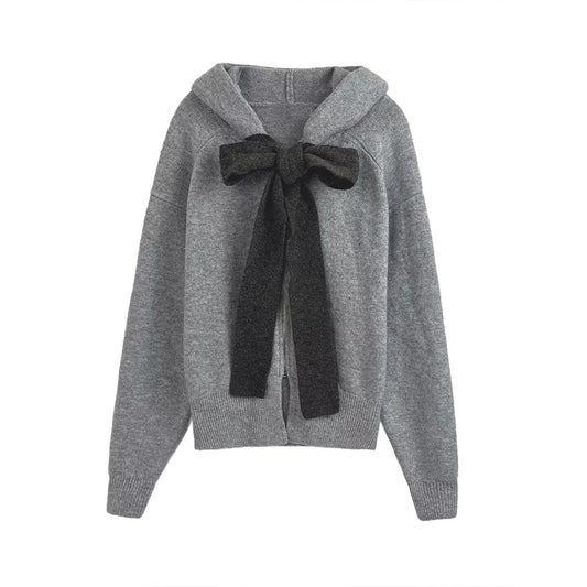 Women's new fashion bow decoration knitted hooded Coat